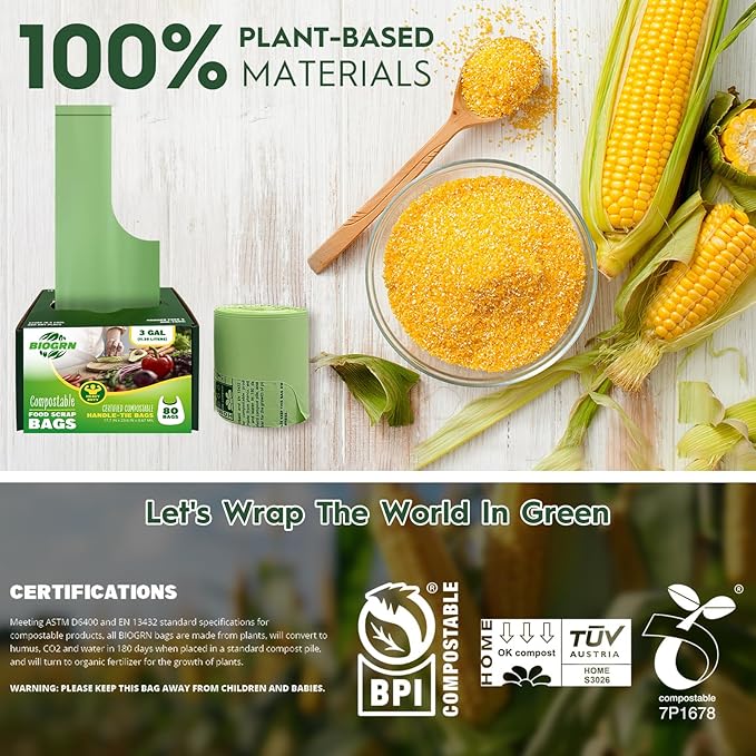 2.6-3 Gallon Compostable Trash Bags with Handles 80 Count 0.67 Mil 11.36 L Small Kitchen Food Scrap Waste Compost Bag ASTM D6400 US BPI and OK Compost Home Certified