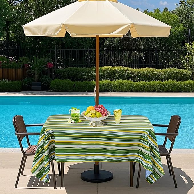 Poise3EHome 60X84 Outdoor/Indoor Waterproof Spillproof Rectangle Tablecloth with Umbrella Hole for Camping, Picnic, Party, Patio Table, Spring, Green Stripe