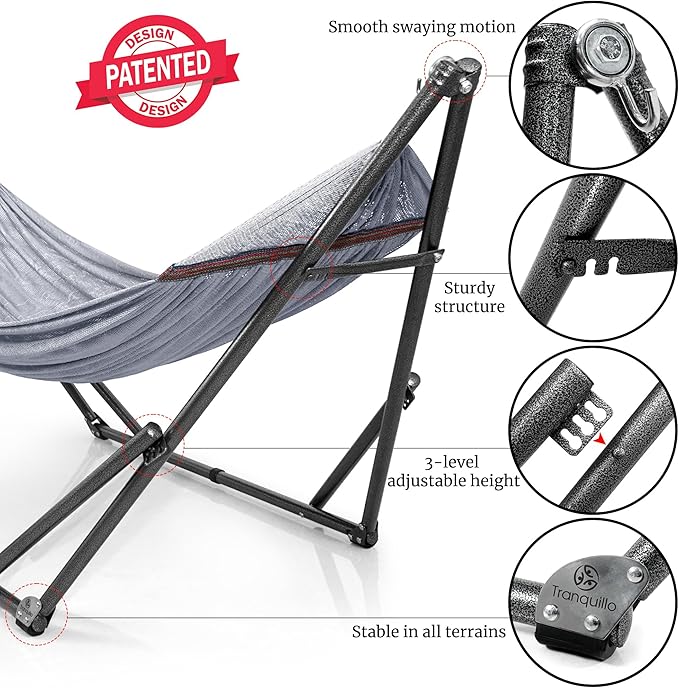 Tranquillo Universal Double Hammock with Stand Included for 2 Persons/Foldable Hammock Stand 600 lbs Capacity Portable Case - Inhouse, Outdoor, Camping, Grey