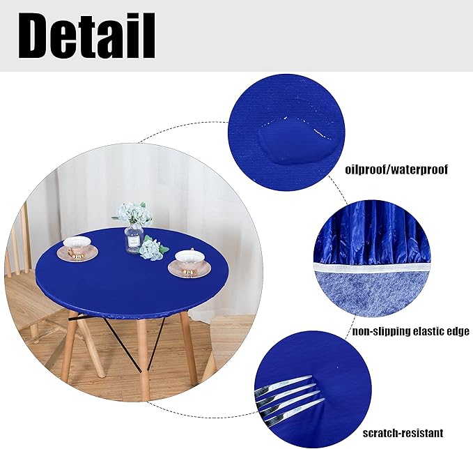 LUSHVIDA Round Waterproof Table Cover Elastic Vinyl Fitted Tablecloth Elastic Edged Plastic Table Cloth (Blue, Best for Up to 36"-44" Round)