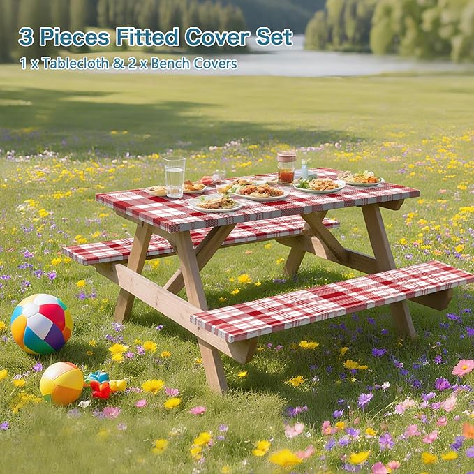 Red Picnic Table Cover with Bench Covers, 3 Pcs Waterproof Elastic Picnic Table Cover Outdoor Camping Essentials, Windproof Fitted Tablecloth for Camping, Indoor, Outdoor (Plaid, 60X30 Inch)
