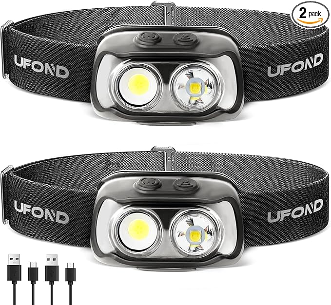 UFOND LED Headlamp 2-Pack,6 Modes Wide or Focused Beam,Rechargeable Headlight Motion Sensor USB Cable Included,Ajustable Headband Lightweight Waterproof Flashlight for Camping Hiking Running