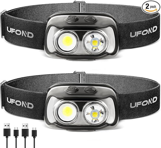 UFOND LED Headlamp 2-Pack,6 Modes Wide or Focused Beam,Rechargeable Headlight Motion Sensor USB Cable Included,Ajustable Headband Lightweight Waterproof Flashlight for Camping Hiking Running