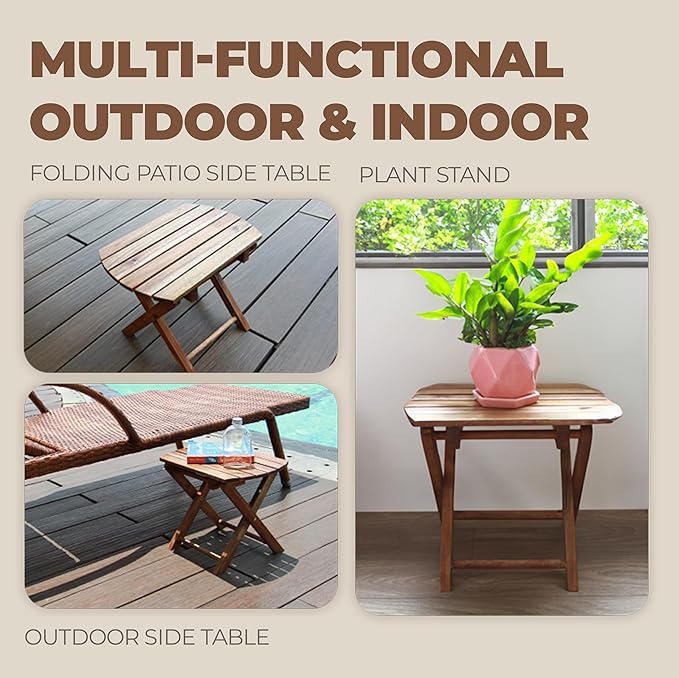 2PCs Folding Side Tables, Waterproof Patio Foldable End Table, Portable Side Table for Indoor and Outdoor Garden, Porch, Balcony, Camping, Fishing, Walnut Color, Small Size 12 inch Height