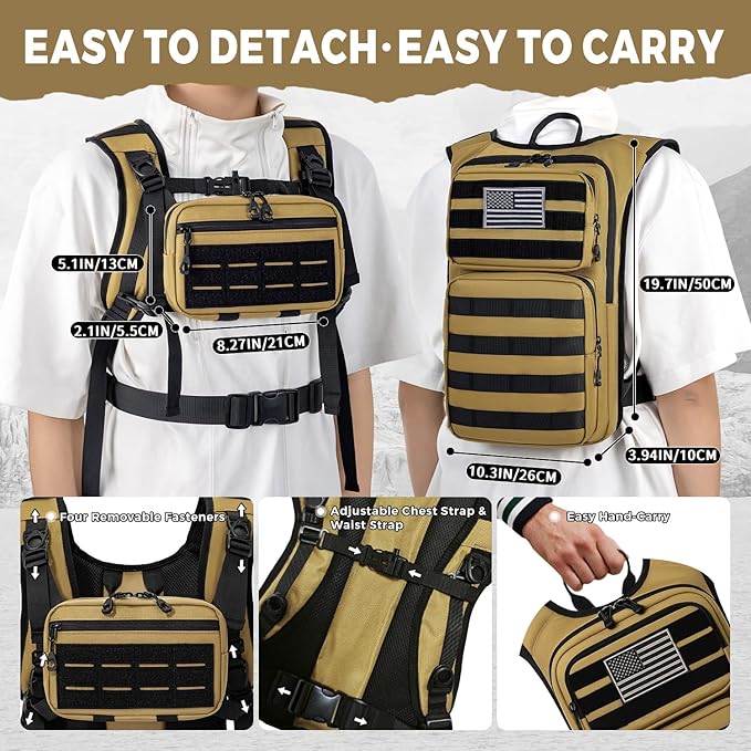 Tactical Hydration Backpack with 2L Water Bladder and Front Small Tactical Pouch, Outdoor Water Backpack for Men Women, Sports Hydration Pack for Hiking, Cycling, Climbing