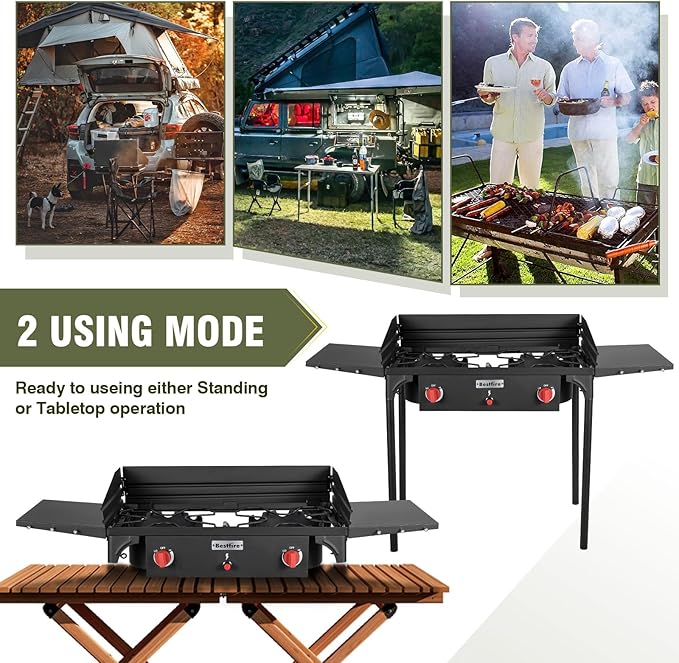 Bestfire 2 Burner Camping Stove with Windpanel& Side Shelves, Bag, Auto Ignition Button,Regulator,150,000 BTU Camping Stove Propane Burner With Removable Legs for Outdoor BBQ&Backyard