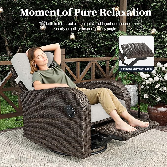 Outdoor Wicker Recliner Chair High Back Patio 360°Swivel Reclining Lounge Chair with 6-Inch Thick Cushion