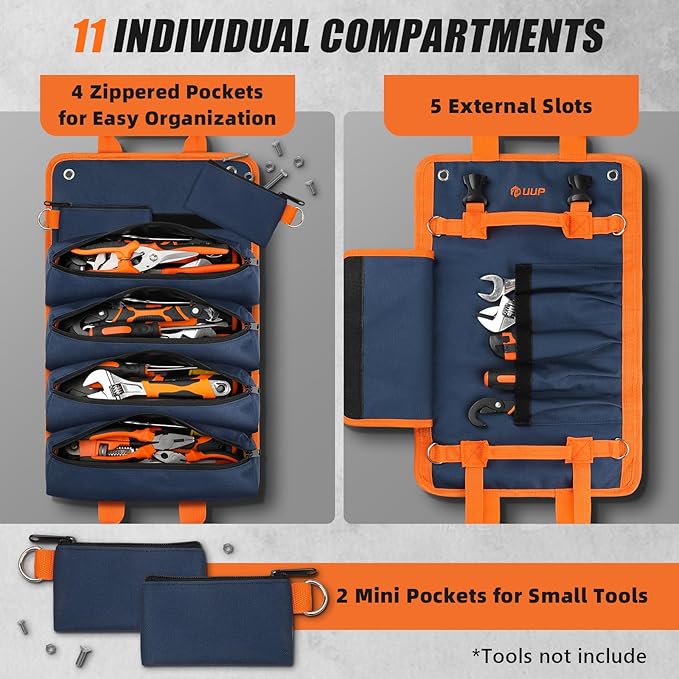 Tool Bag Roll Up, UUP Heavy Duty Rolled Empty Tool Storage Organization, Portable Foldable Rollup Organizer with 2 Small Pouches, Rollable Carrying Toolbag, Dad Men Mechanic Birthday Gift, Blue Orange