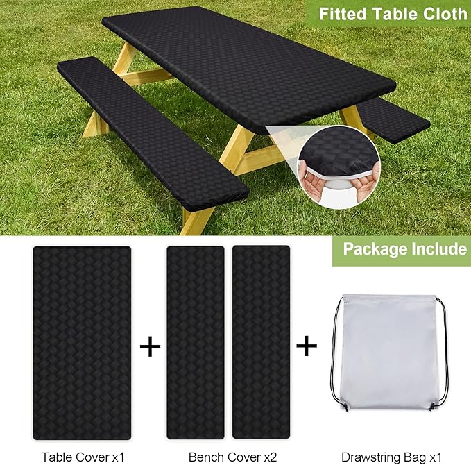 Picnic Table Cover with Bench Covers Camping Essentials Waterproof Windproof Camping Tablecloth with Drawstring Bag, Fitted Rectangle Tables and Seats, 72in, Black