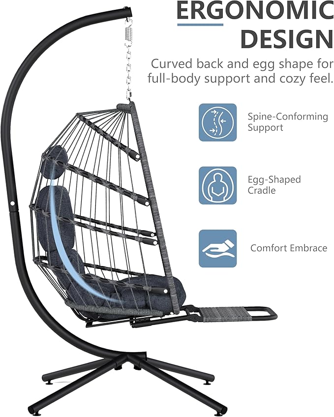 SWITTE Egg Chair Outdoor with Footrest & Stand, Indoor Wicker Hanging Egg Swing Chair with Cushion for Patio, Bedroom, Garden - Dark Gray