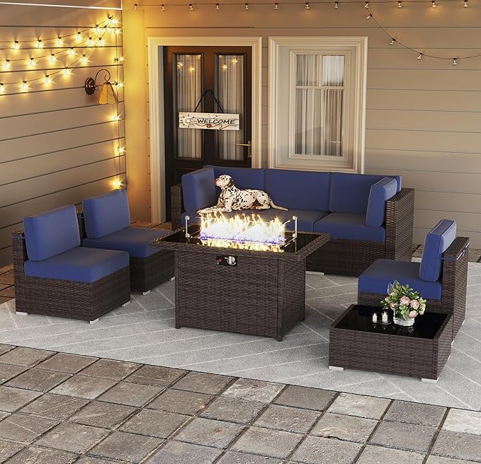 LayinSun 8 Pieces Outdoor Patio Furniture Set with 44" Fire Pit Table Brown Rattan Sectional Sofa Conversation Sets