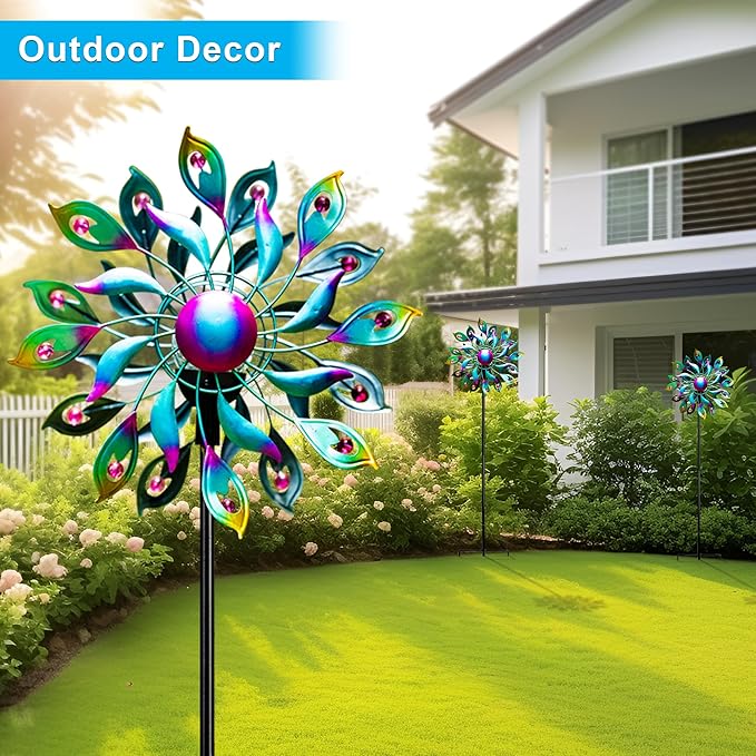 51.9" Peacock Solar Wind Spinner Outdoor Decor – Waterproof LED Lighted Garden Art with Adjustable Metal Pole, IP65 Weather Resistant for Yard, Patio