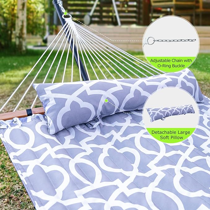 Double Hammock with Stand for Outdoor, Heavy Duty Portable Hammock with Adjustable Steel Stand for Patio, Garden, Beach, Backyard - Includes Carrying Bag,White Grey