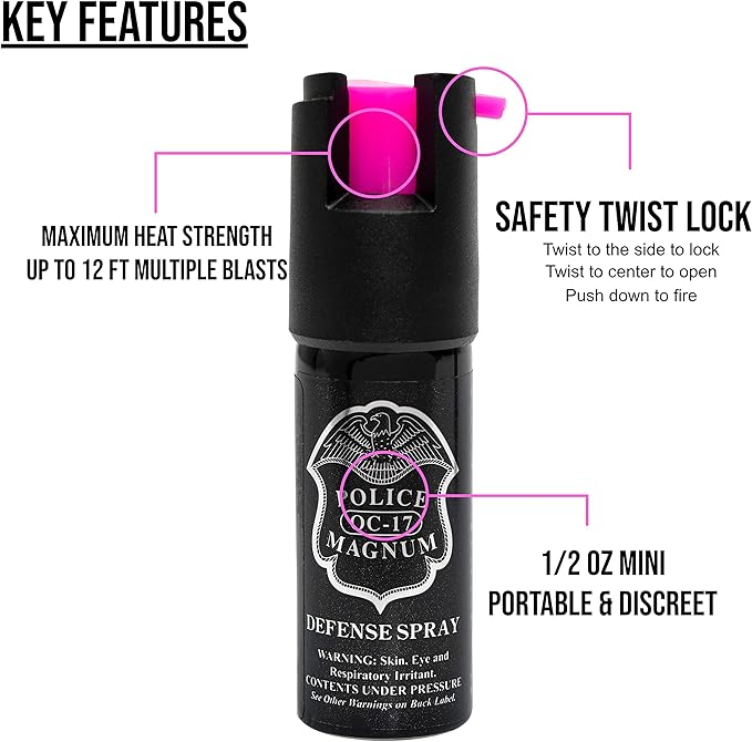 POLICE MAGNUM Mini Pepper Spray Self Defense Canisters- Max Heat Strength- Small & Discreet - Made in The USA (10 Pack 1/2oz Twist Lock)