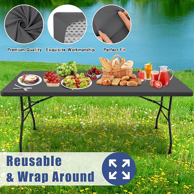 Spandex Picnic Table Cloth 2 Pack, Elastic Fitted Tablecloths for 6 Foot Rectangle Tables, Stretch Washable Patio Table Cover for Outdoor, Camping, Banquet and Parties (Dark Grey, 30"x72")