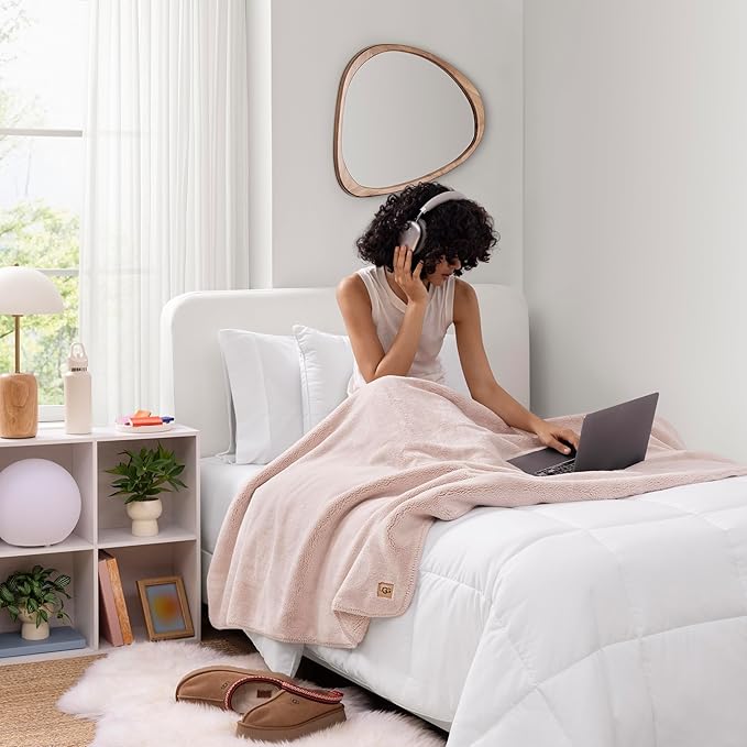 UGG Whitecap Plush Throw Blanket Fleece Lightweight Soft Throw for Couch or Bed Luxury Home Decor for Living Room Washable Hypoallergenic Blankets for Dorm Decor, 50-inch x 70-inch, Light Pink Quartz