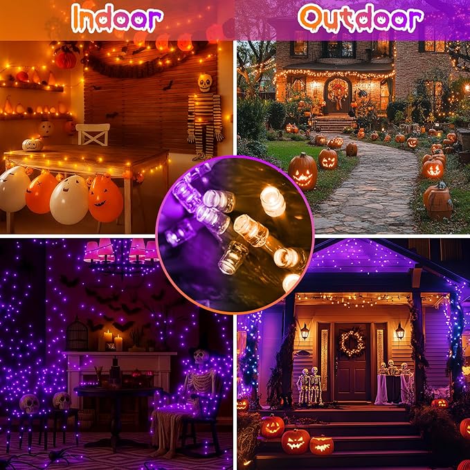 Upgraded Connectable 200 LED Halloween String Lights Outdoor Indoor, 11 Modes Orange to Purple Halloween Decorations Lights, Waterproof Twinkle Fairy Lights Plug in Clear Wire for Tree, Bedroom Decor