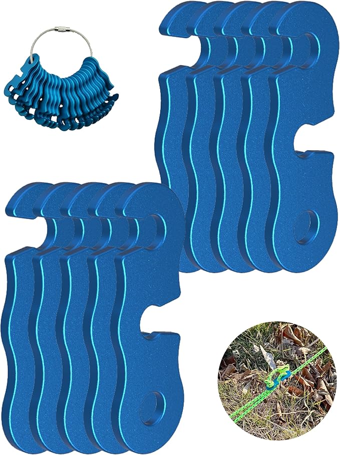 Rope Tensioner Aluminum Alloy Camping Tent Guyline Cord Adjuster Camping of Gear for Camping, Hiking, Backpacking Ultralight Tent Stakes Guy Lines (Blue, 10 Pack)