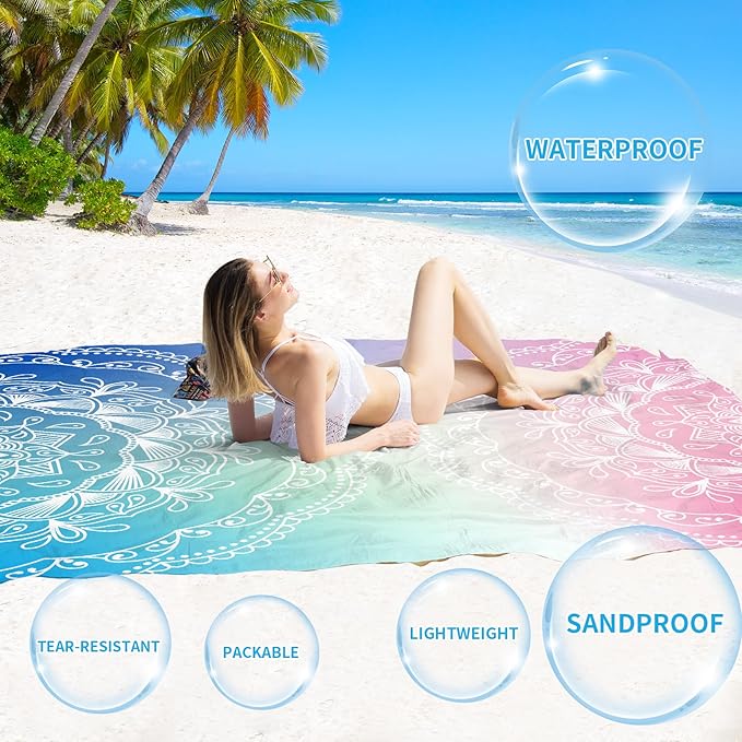BYDOLL Beach Blanket Waterproof Sandproof 78''×81'' Suits1-4 Adults Compact Lightweight Oversized Sand-Free Blanket Large Picnic Mat for Beach Travel Camping Hiking
