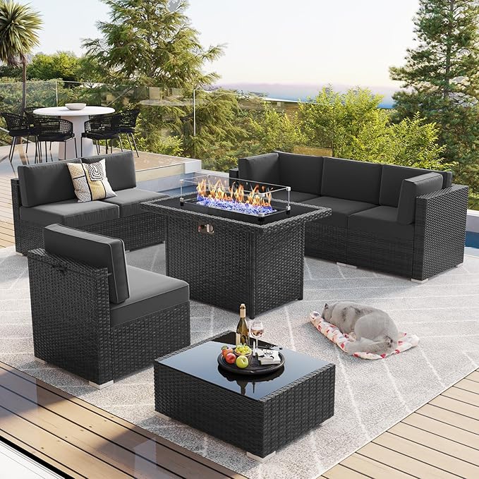 LayinSun 8 Piece Patio Furniture Set with 44" Propane Gas Fire Pit Table, Outdoor Sectional Conversation Set Wicker Rattan Sofa Set with Coffee Table