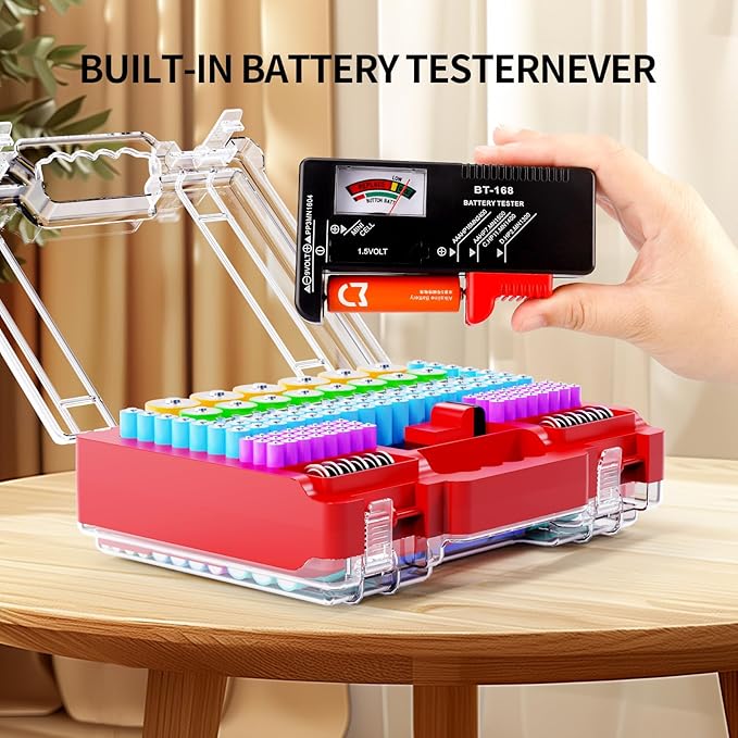 Battery Organizer Storage Holder Box Case with Tester, Stores & Protects Up to 260 Batteries, Double-Clear Locking Lid, Holds AA AAA C D and More (Not Includes Battery Pack) - Red