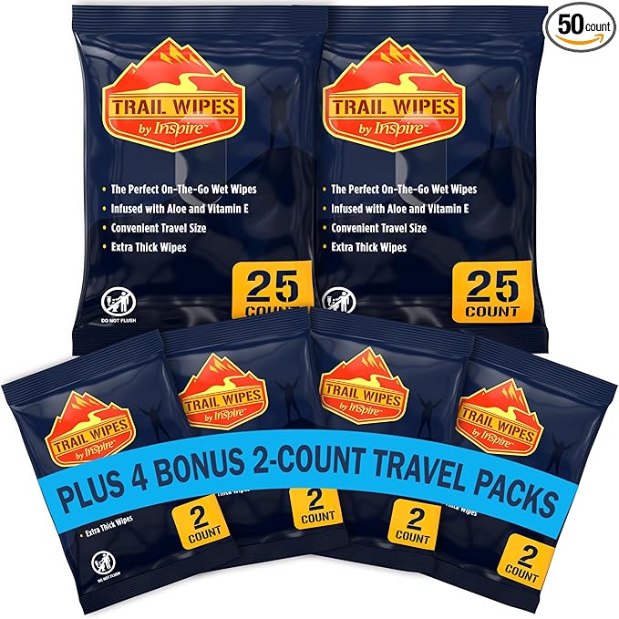 Inspire Trail Wipes | Camping Wipes Body Wipes Adults | Biodegradable Wipes For Camping, Travel, Gym With Aloe And Vitamin E | No Rinse Bathing Shower Wipes Women Or Men