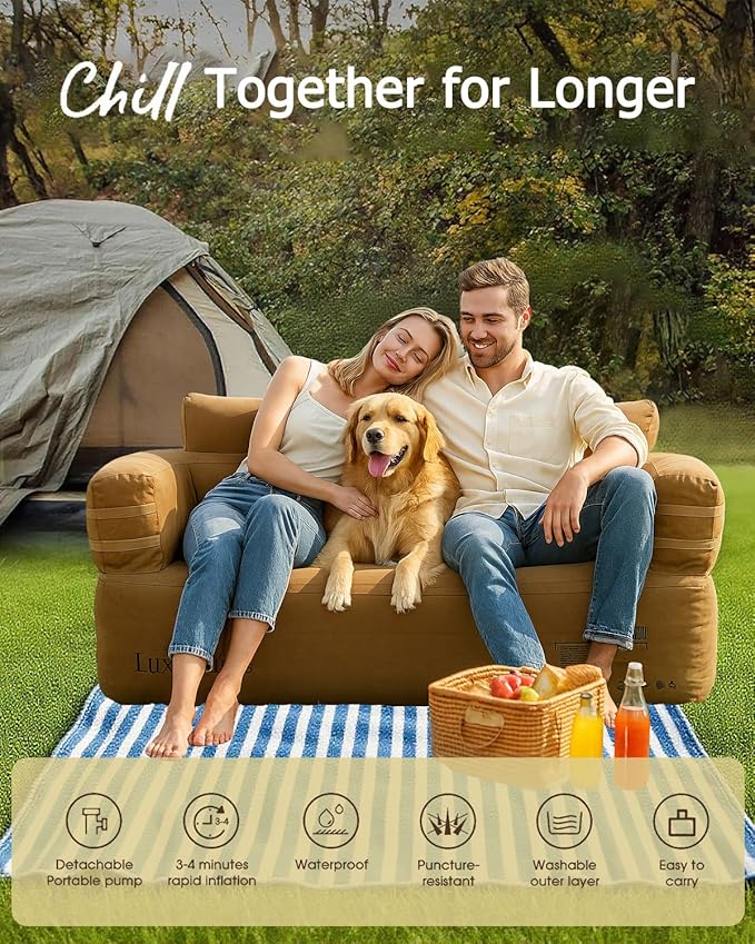 Portable Inflatable Couch for Camping with Built-in Pump Durable Inflatable Furniture Luxury Blow Up Couch Stylish Outdoor Air Sofa Perfect for Backyard Beach Music Festival Party