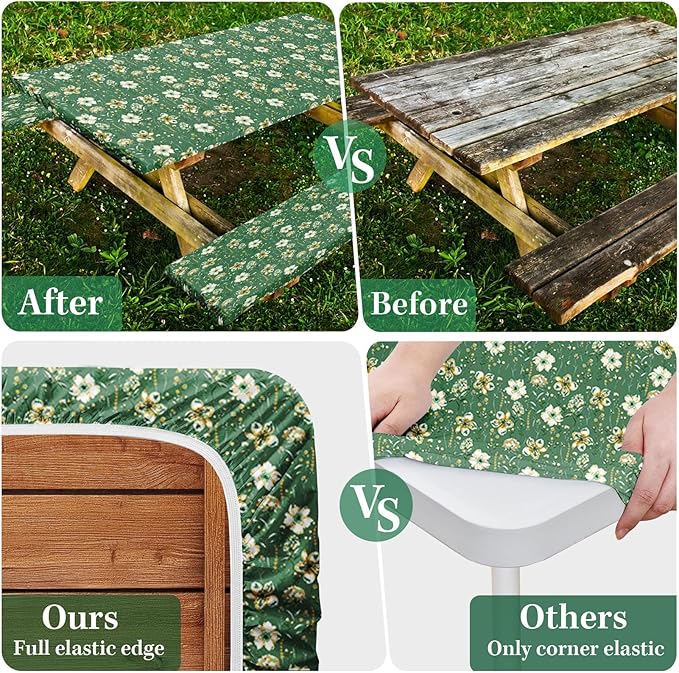 Picnic Table Cover with Bench Covers Elastic Edges, Green Flower Fitted Table Cover, Outdoor Patio Camping Essentials 72 Inch 3PCS, Waterproof Camping Fitted Tablecloth with Drawstring Bag