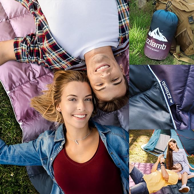 zzlamb Puffy Down Camping Blanket Water-Repellent, Down Throw Travel Blanket Portable for Outdoor, Light Warm Quilt for Couch Plane Car Theater Stadium Picnic RV Backpacking Hammock