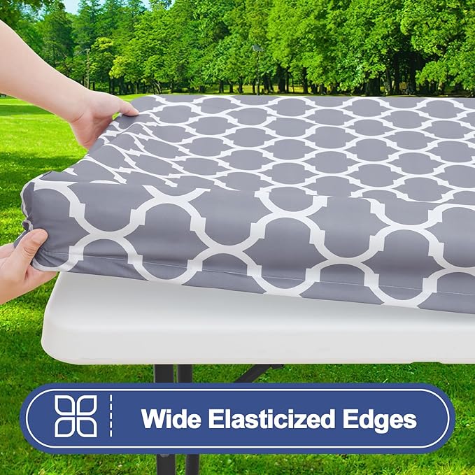 Smiry Picnic Table Cover with Bench Covers, Waterproof Elastic Fitted Tablecloth for 5 Foot Tables, Washable Polyester Tablecloths for Camping, Indoor & Outdoor (Grey Morocco, 30x60 Inch 3-pc Set)