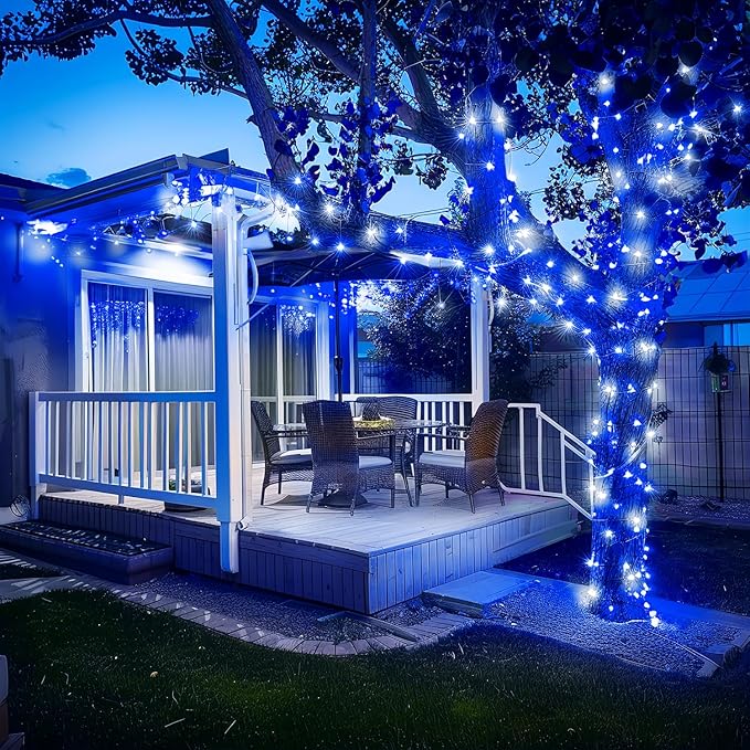 JMEXSUSS 250LED Christmas String Lights 91.5ft Extendable Green Wire Christmas Lights Outdoor Waterproof, 8 Modes LED String Lights Indoor for Tree Wedding Party Garden Patio Decoration, Blue & White