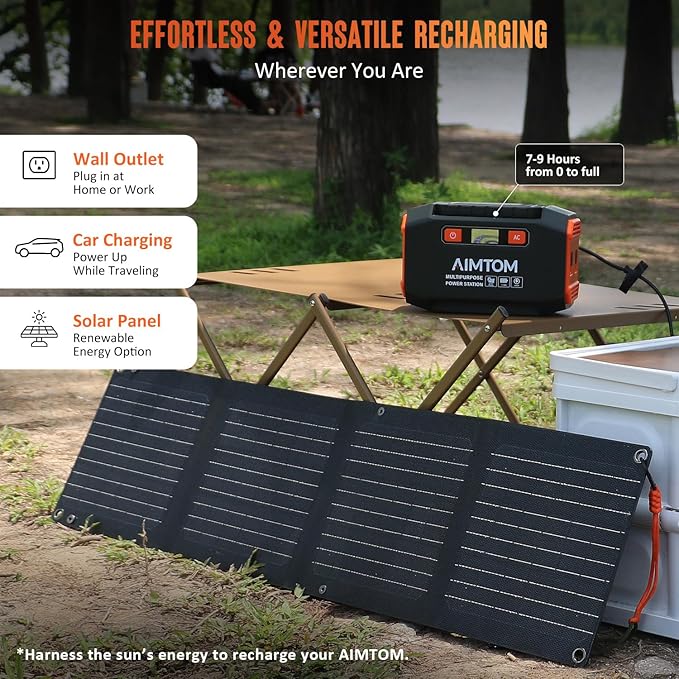 AIMTOM 200W Portable Power Station with 30W Solar Panel Bundle – 173Wh Lithium Battery, 250W Peak AC, USB-A, USB-C and 12V DC Outputs, High-Efficiency Solar Generator for Camping RV Emergency Backup