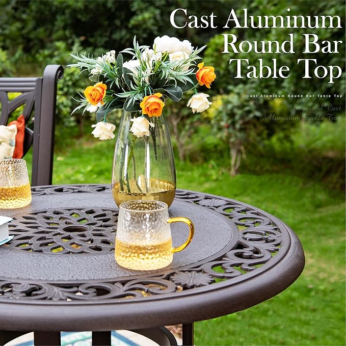 PHI VILLA 32" Cast Aluminum Patio Bar Table, 41" Height High Top Outdoor Table, Pub Height Bistro Round Table for Paito Lawn Garden, Brown