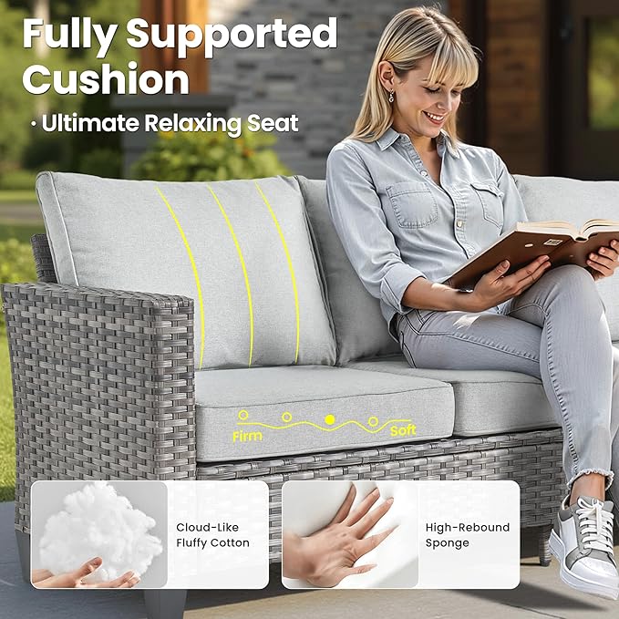 ovios 6 Pieces Patio Furniture Set with 30" Fire Pit Table, Outdoor Wicker Sofa with Comfy Cushions, All Weather High Back Rattan Couch Conversation Set, Grey