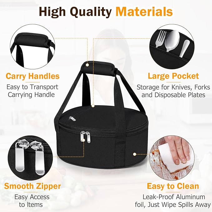 Round Insulated Casserole Carrier, Pie Carrier Bag, Portable Casserole Carrier for Hot or Cold Food Lunch Tote, Lunch Bag for Parties Picnic, Fits 12.5" Baking Dish, Black