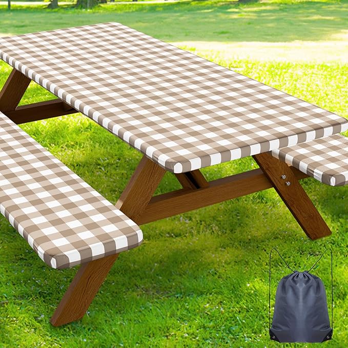 Smiry Picnic Table Cover with Bench Covers, Waterproof Elastic Fitted Tablecloths for 8 Foot Rectangle Tables, Washable Buffalo Plaid Tablecloth for Camping, Outdoor (Khaki & White, 30"x96")