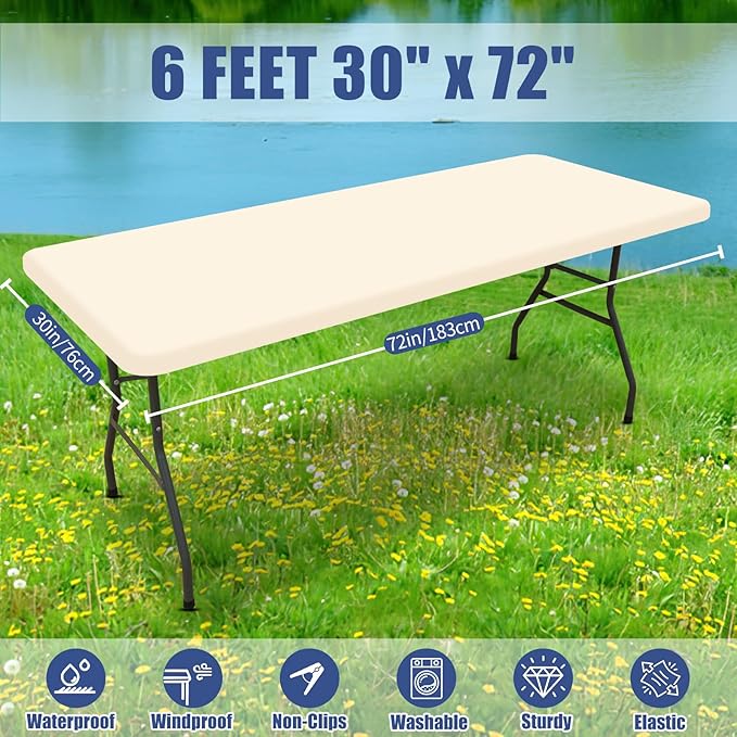 Spandex Picnic Table Cloth 2 Pack, Elastic Fitted Tablecloths for 6 Foot Rectangle Tables, Stretch Washable Patio Table Cover for Outdoor, Camping, Banquet and Parties (Champagne, 30"x72")