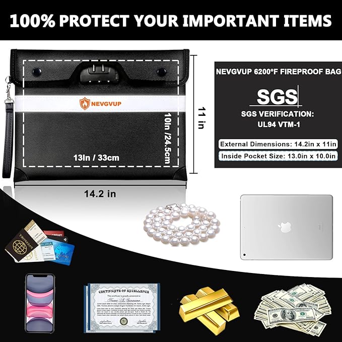 6200°F Upgraded Fireproof Document Bag with Lock, Fireproof Money Bag for Cash with Zipper/Reflective Strip, 9 Layer of Heat Insulated Material, Water Resistant Fire proof Bags for Documents,Fire Bags