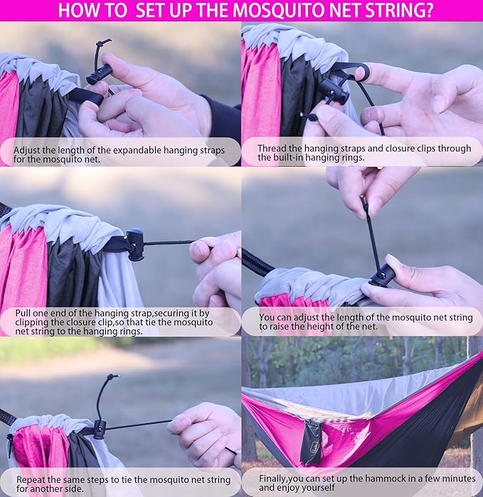 Camping Hammock, Portable Hammocks with Mosquito Net,Lightweight Nylon Parachute Hammock with 10ft Tree Straps,Camping Gear Must Haves for Travel Hiking Backpacking Beach Patio-Black&Pink