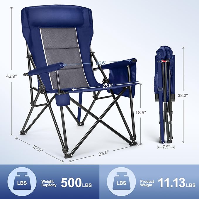 LET'S CAMP Oversized Camping Chairs 29.52" High Back Heavy Duty Lawn Chair Support 500LBS, Portable Collapsible Chair with Cup Holder, Side Pocket(Blue)