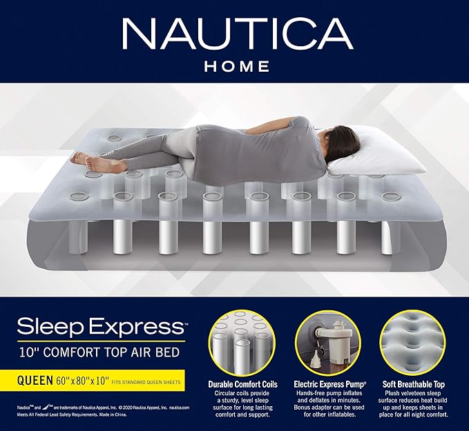 Nautica Home Express Sleep Air Mattress Inflatable Bed for Guests, Travel and Camping: Support Comfort System with Puncture Resistance Vinyl, Queen