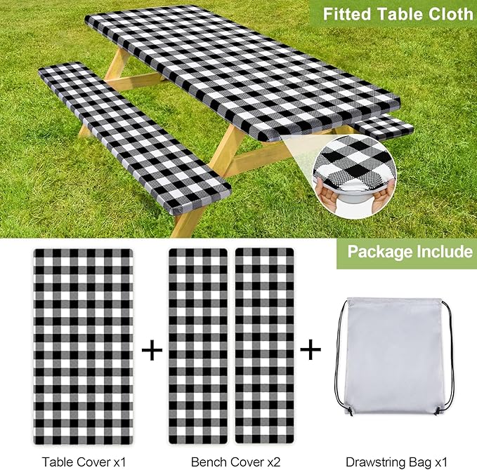 Picnic Table Cover with Bench Covers Camping Essentials Waterproof Windproof Camping Tablecloth with Drawstring Bag, Fitted Rectangle Tables and Seats, 72in, White Black Checkered
