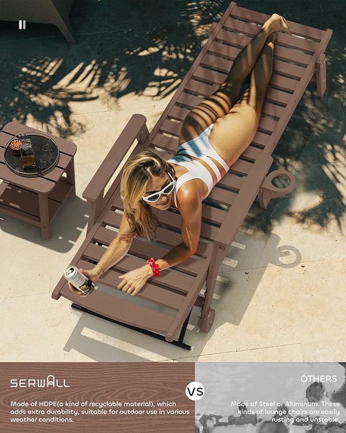SERWALL Patio Chaise Lounge Chair Set of 2, 78'' Long 5-Positions Adjustable HDPE Outdoor Lounge Chair for Pool, Poly Lounge Chair with Rolling Wheels & Cup Holder for Poolside, Deck, Coffee Brown