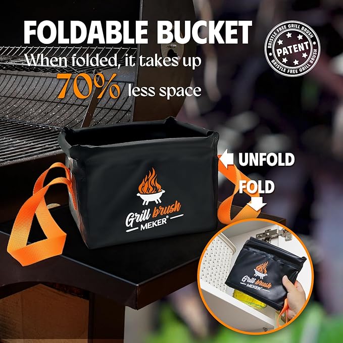 MEKER Grill Brush Bristle Free with Collapsible Bucket, 7 Pcs Grill Cleaner Brush with Durable Foldable Water Tank for Grill Cleaning, Portable Outdoor Grill Bucket, Dunk Tank, Black