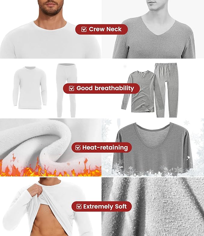 Thermal Underwear for Men Long Johns Set - Fleece Lined Base Layer for Cold Weather Winter Clothes