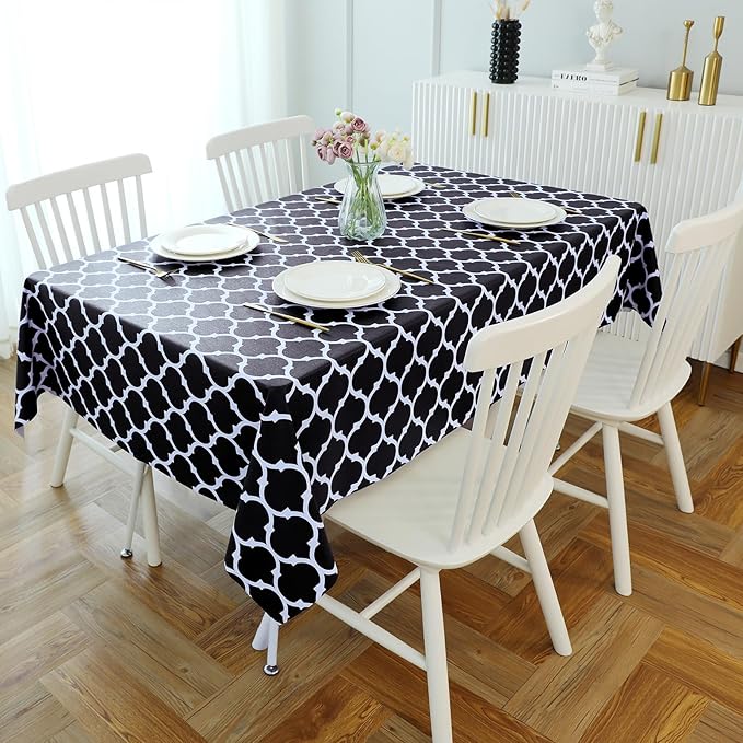 Romanstile Rectangle Plastic Tablecloth, 100% Waterproof Oil-Proof Checkered PVC Table Cloth, Heavy Duty Vinyl Table Cover for Dining, Camping, Picnic, Outdoor - 54 x 120 Inch, Moroco Black