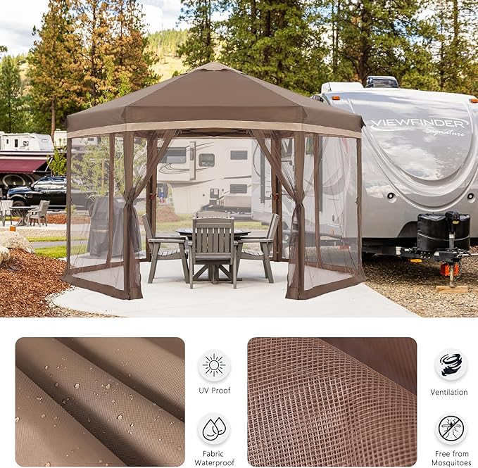 COOSHADE Pop up Canopy, 10X12 Pop up Tent with Mesh Walls, 6 Sides Gazebo, Patented 1 Step Lock Tech, Screened House for Outdoor/Camping/Lawn/Trip/Gathering, Khaki and Brown