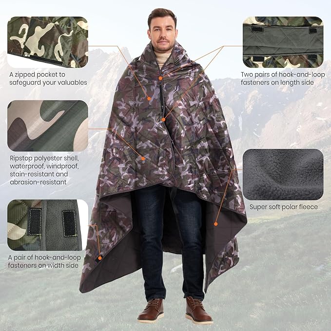 4-in-1 Large Outdoor Blanket - Waterproof & Windproof Thickened Warm Fleece Camping Blanket for Stadium, Hiking, Sporting Events - 81"x57", Packable (Camouflage)