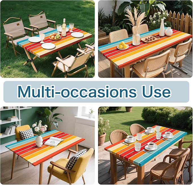 Orange Picnic Table Cover with Bench Covers, 3 Pcs Waterproof Elastic Picnic Table Cover Outdoor Camping Essentials, Windproof Fitted Tablecloth for Camping, Indoor, Outdoor (Striped, 60X30 Inch)