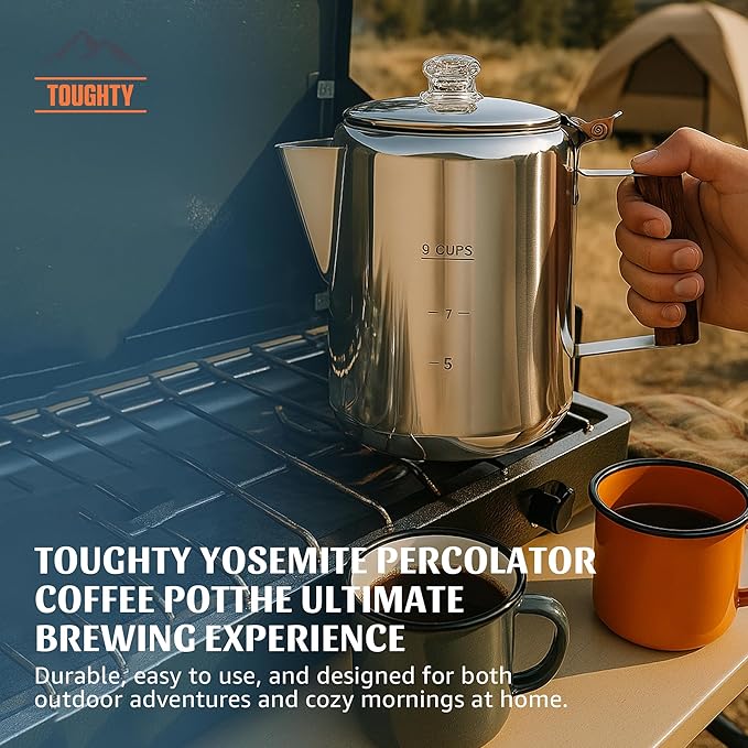 Toughty Yosemite Percolator Coffee Pot – Classic Coffee Percolator Stovetop for Camping & Home – Durable Stainless Steel - Gas, Electric & Induction Stoves – Old-Fashioned Style Pot – Silver – 9 Cups